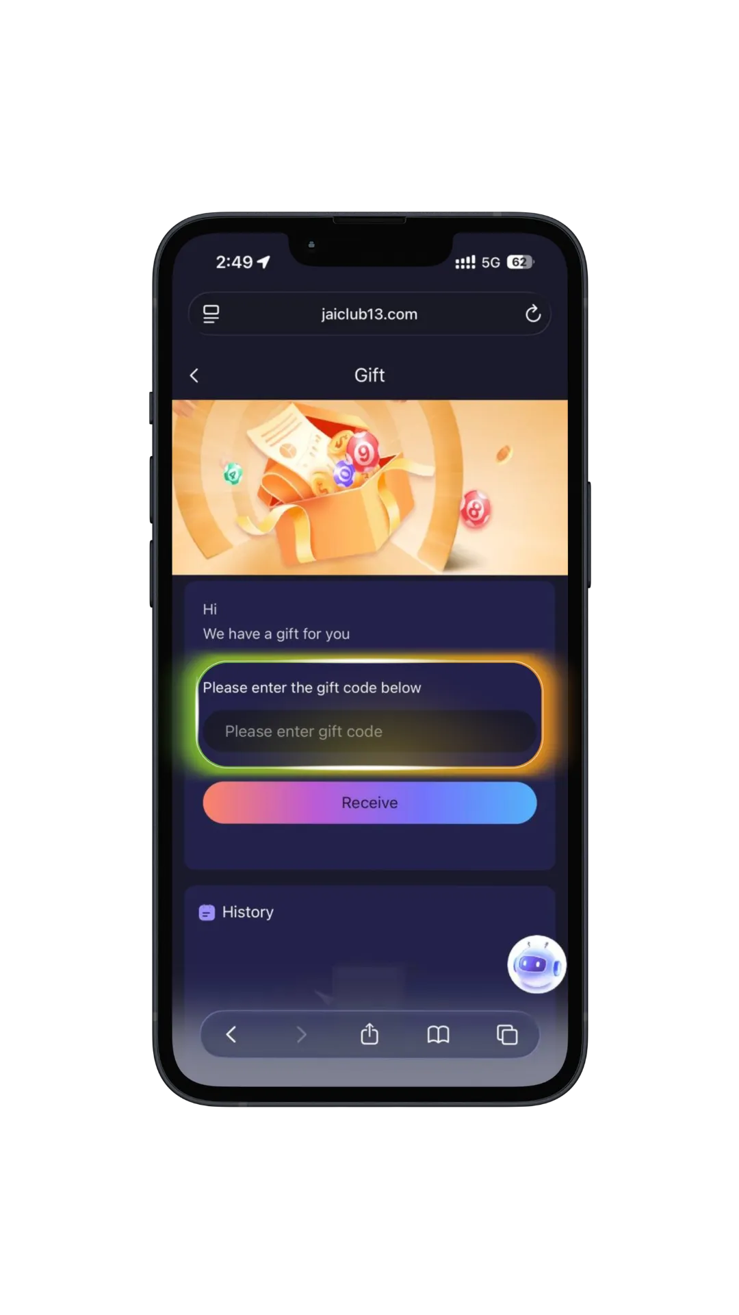Jai Club gift code screen highlighting the field where you enter your gift code