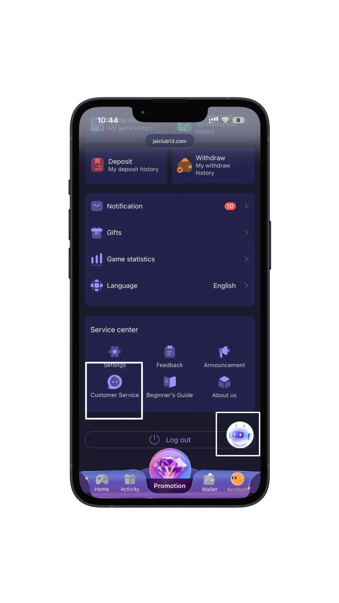 Jai Club customer support — Service Center with live chat, feedback and help options