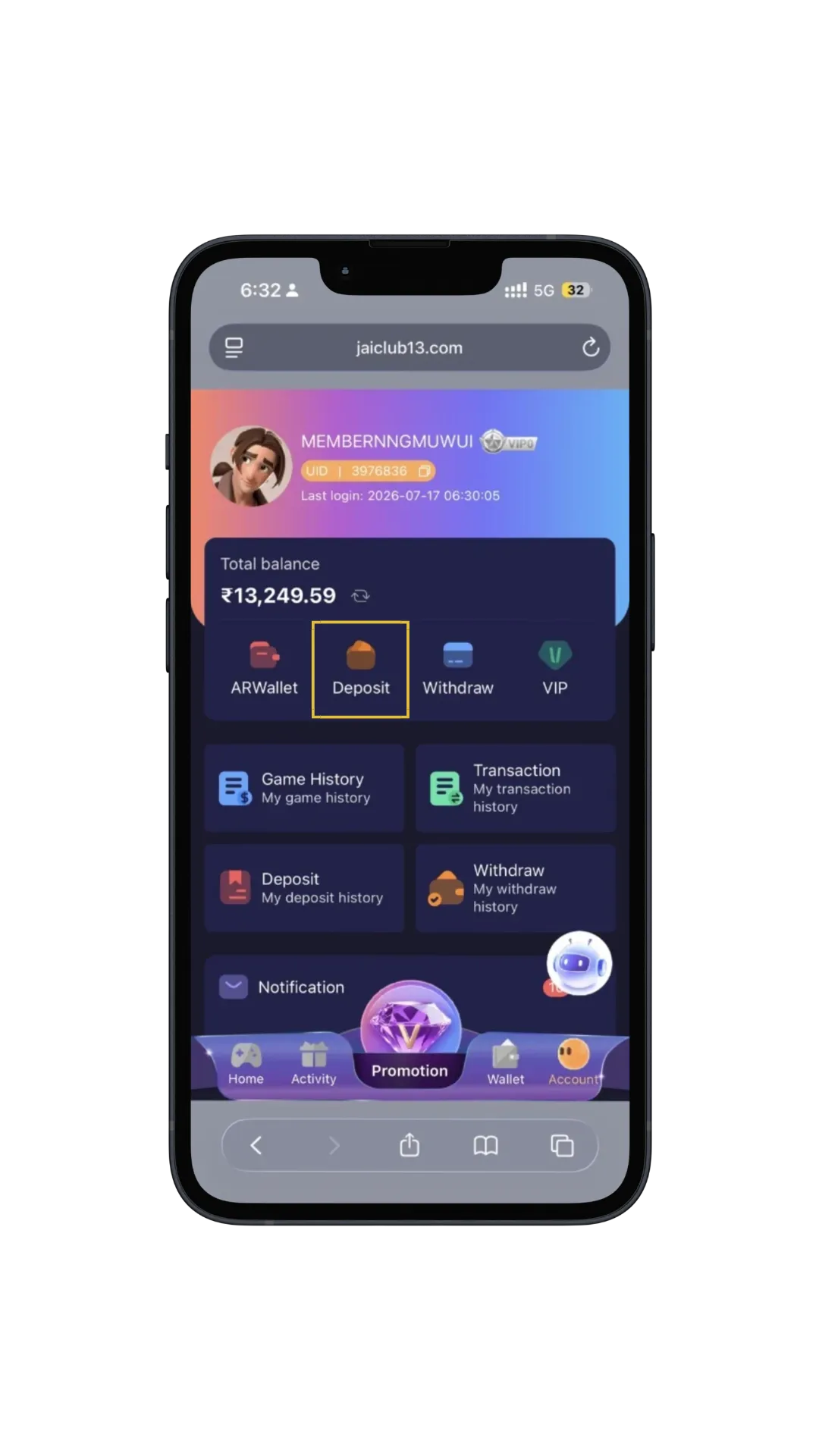 Jai Club deposit screen — add money via UPI, QR code or USDT