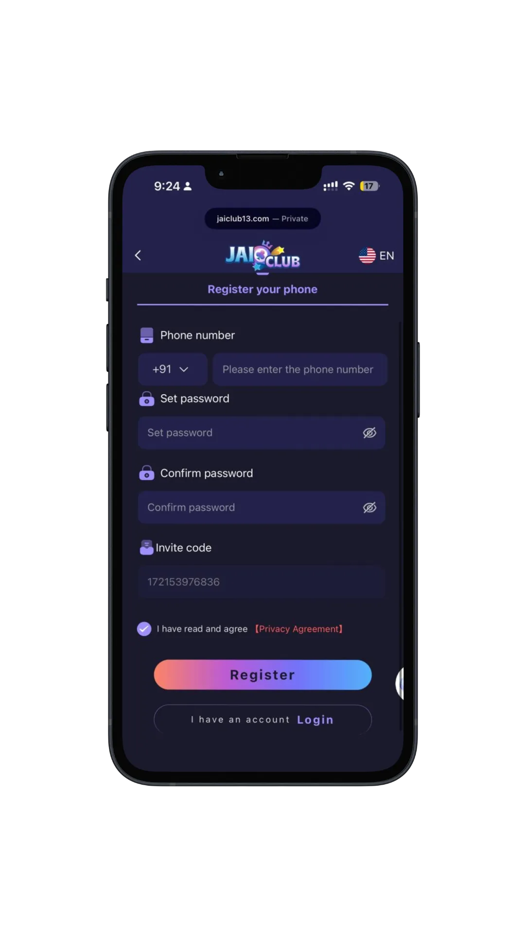 Jai Club register page — sign up with mobile number, password and invite code 172153976836