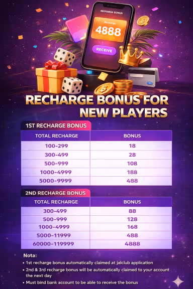 Jai Club first deposit bonus — recharge bonus rewards table for new players