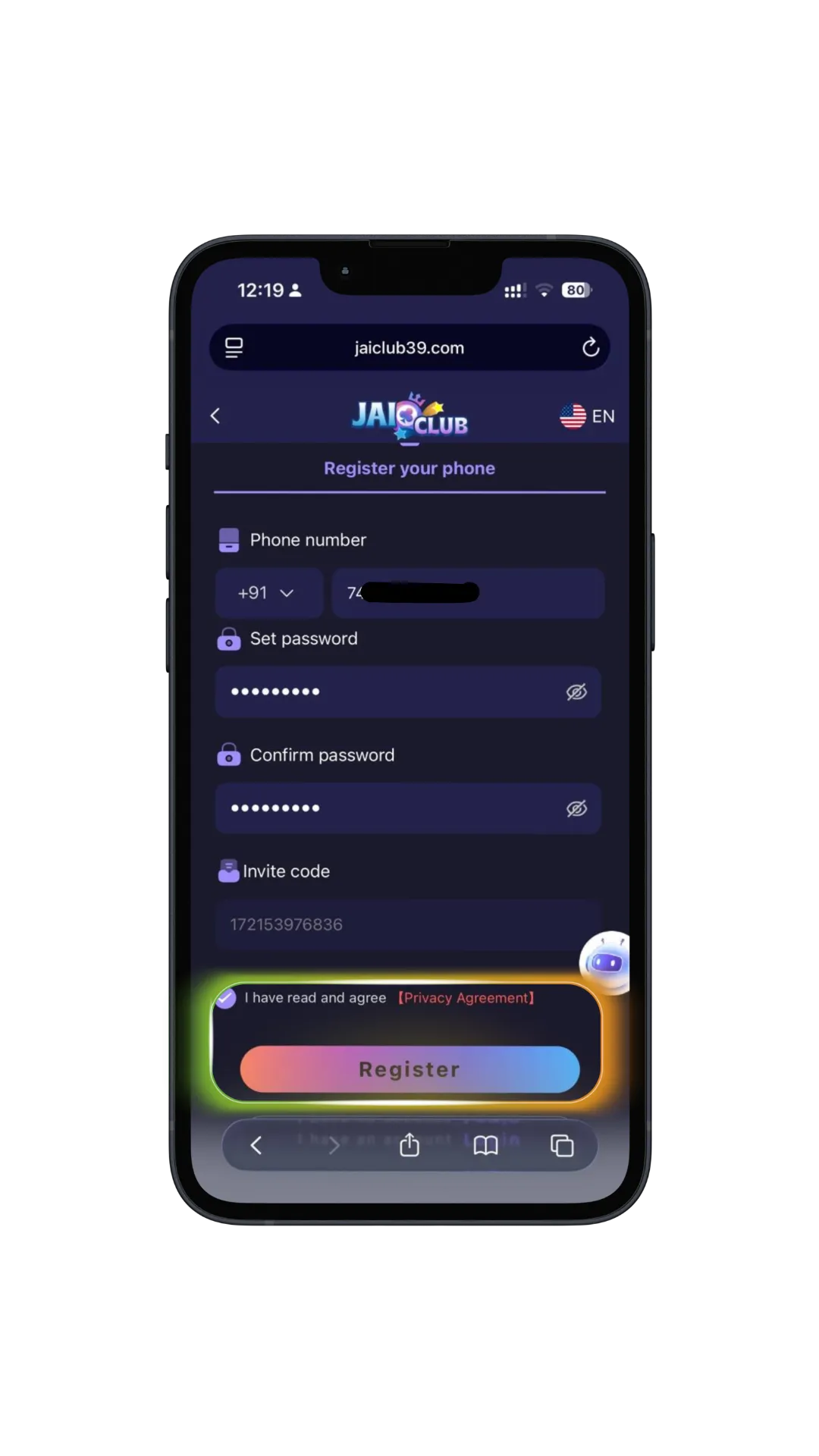 Jai Club register page highlighting the Register button