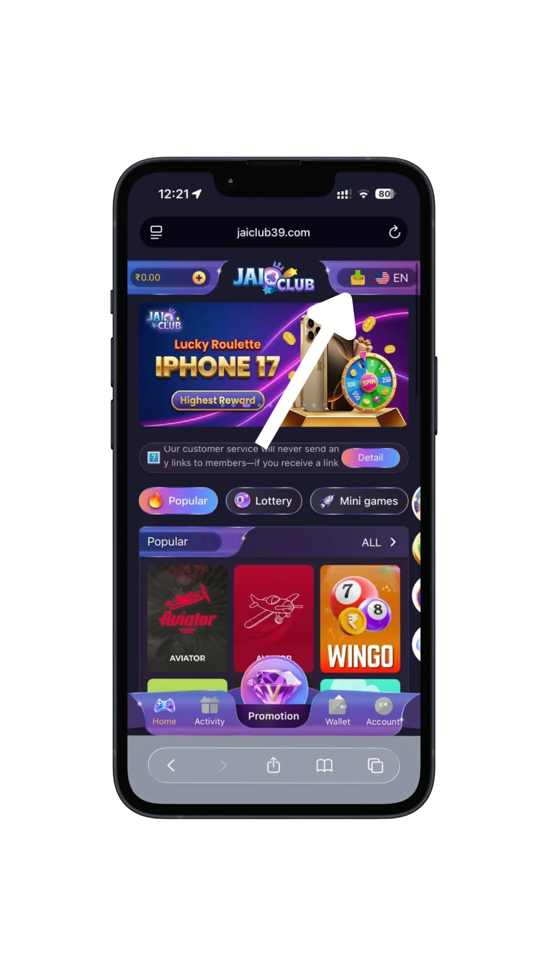 Jai Club Game app download screen on a mobile phone showing the APK download button