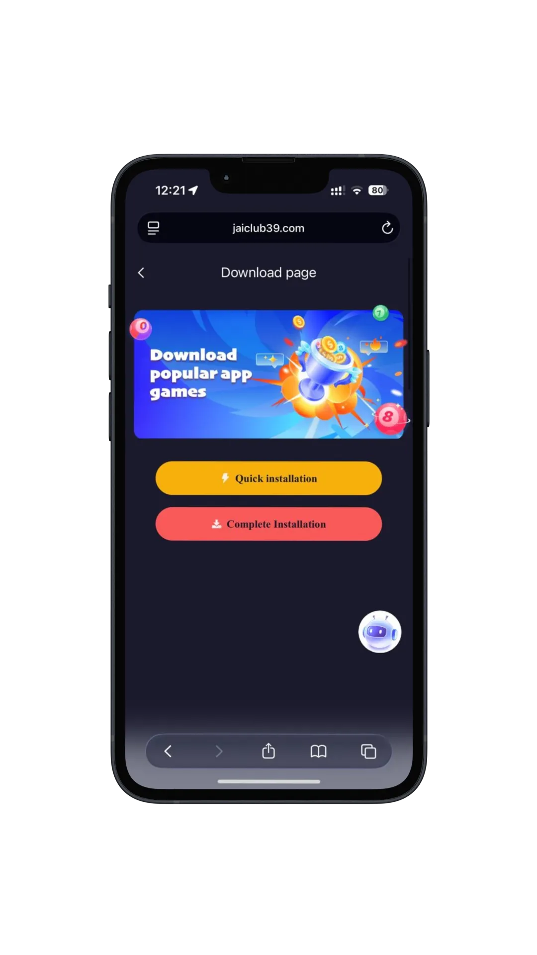 Jai Club Game download page on a mobile phone showing where the APK download button appears
