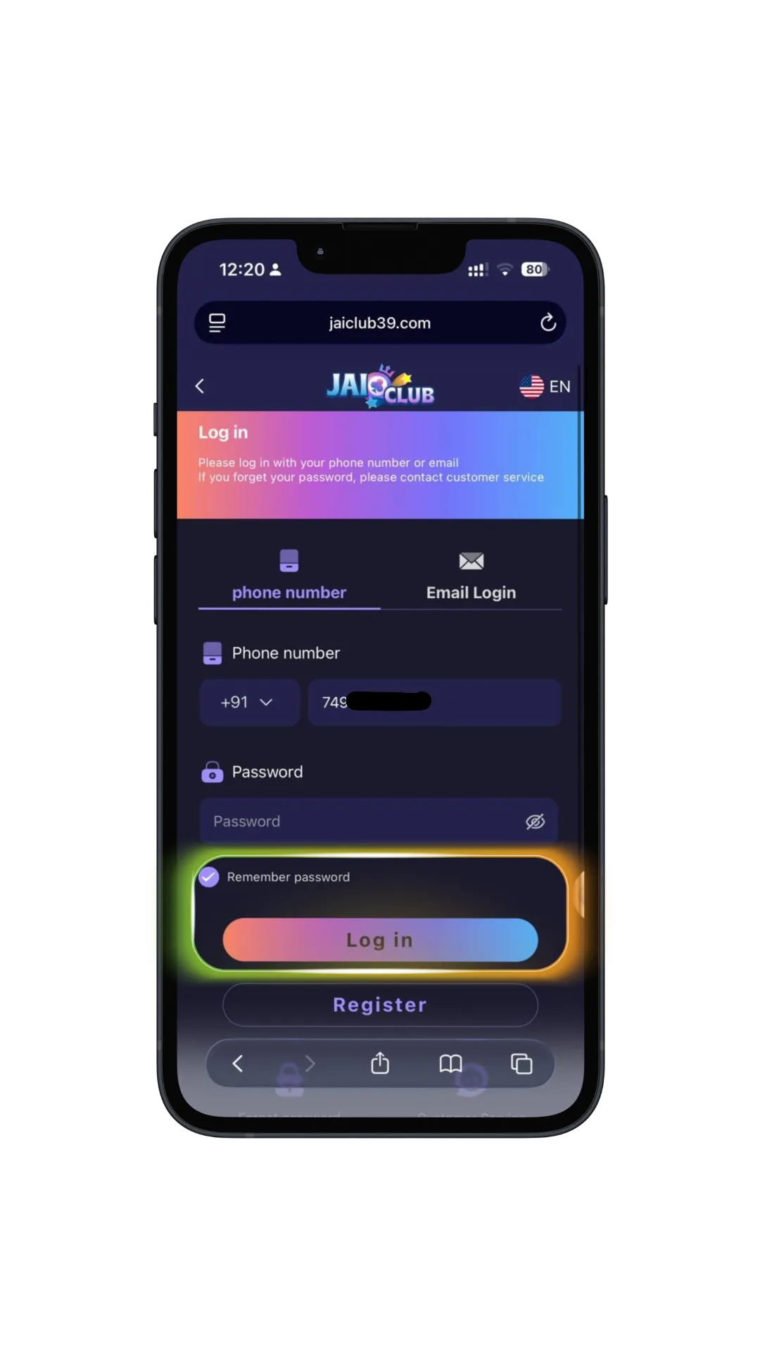 Jai Club login page highlighting the Login button after entering number and password