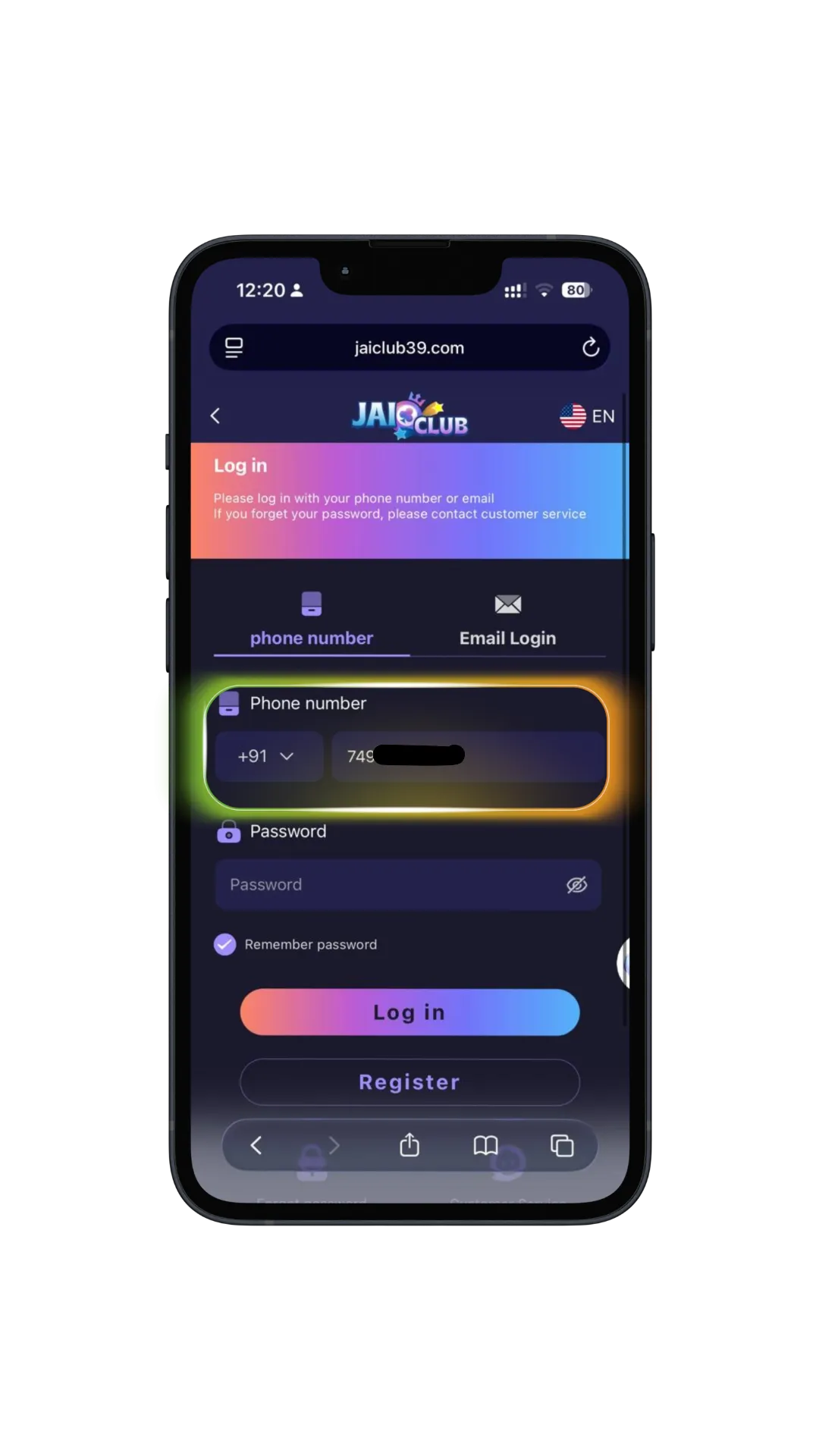 Jai Club login page highlighting where to enter your registered mobile number