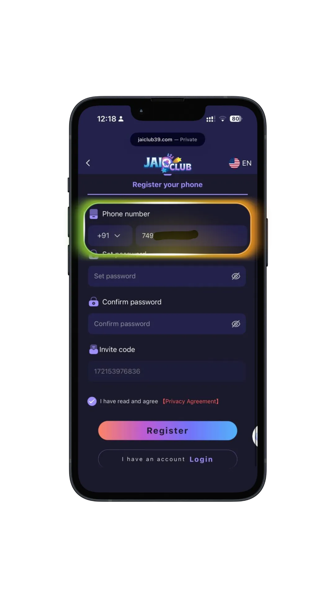 Jai Club register page highlighting where to enter your Indian mobile number