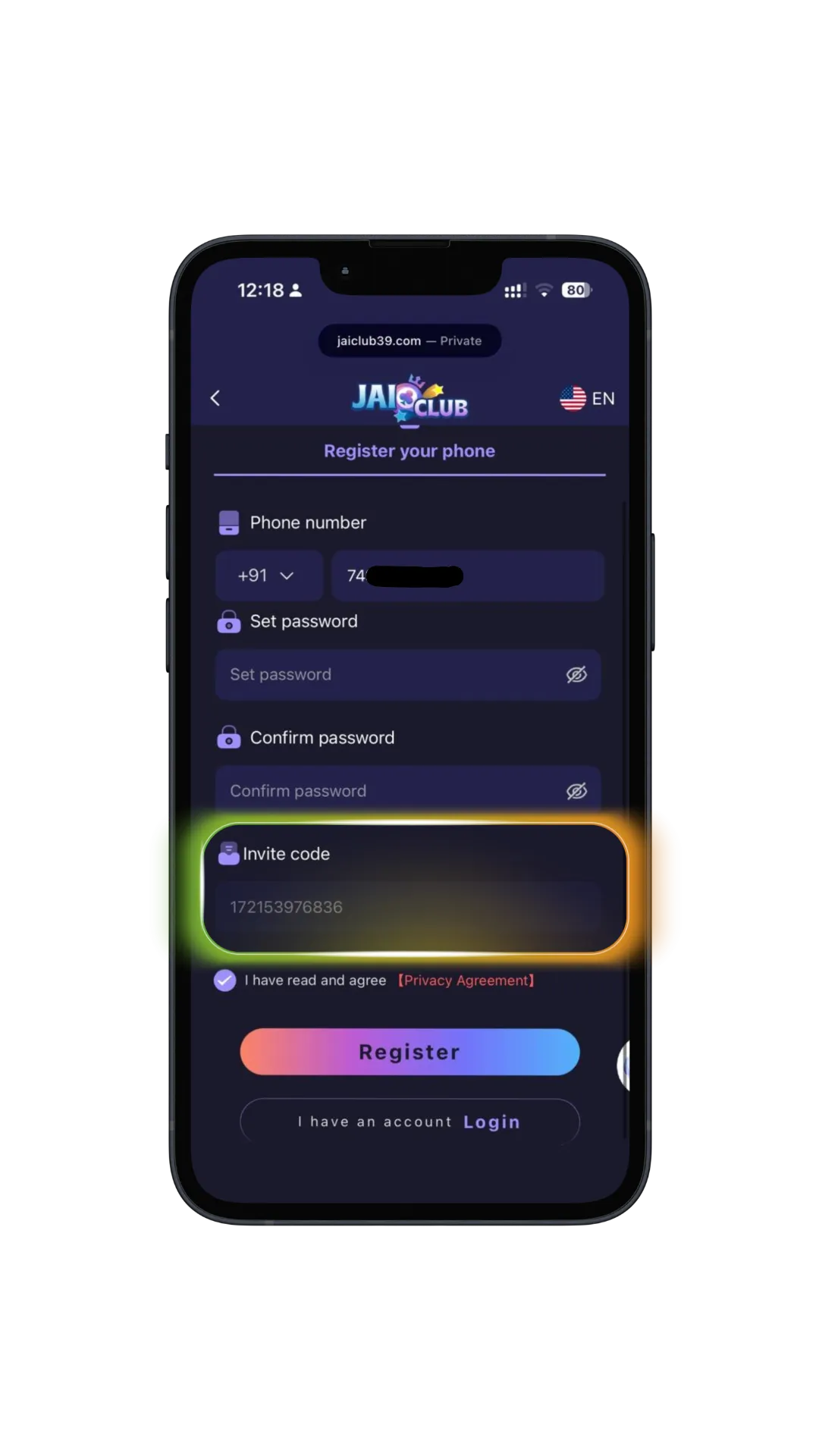 Jai Club register page highlighting the invite code field, pre-filled and locked