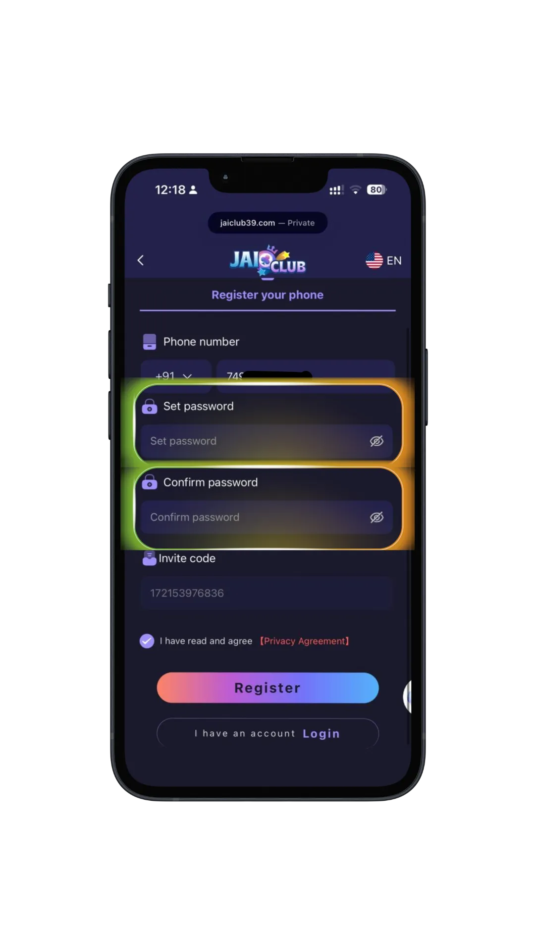 Jai Club register page highlighting the set password and confirm password fields