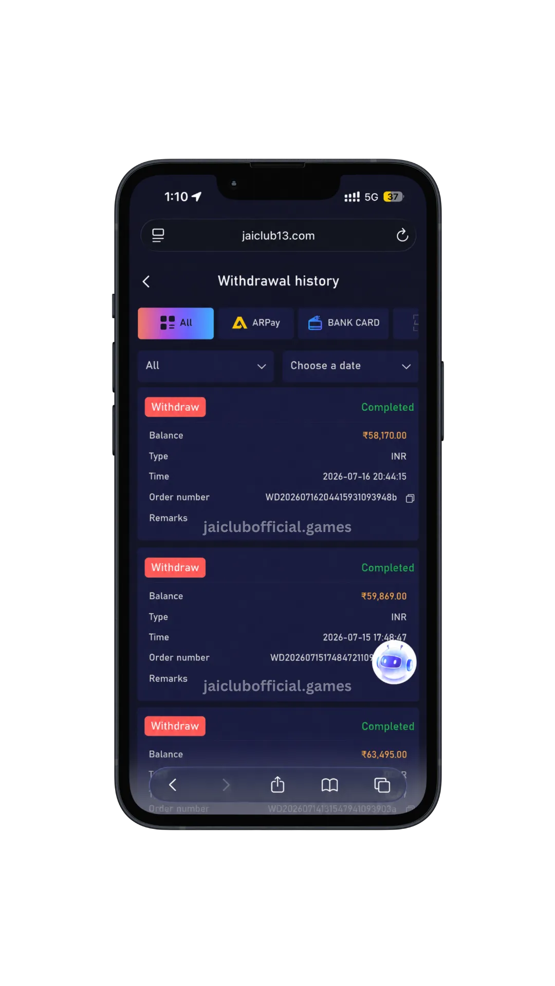 Jai Club withdrawal proof — completed payout history showing successful USDT and bank withdrawals